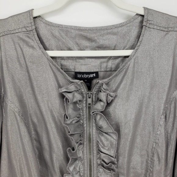 Lane Bryant Zip Up Jacket 18 Ruffle Collarless Linen & Cotton Metallic Silver - Picture 5 of 8